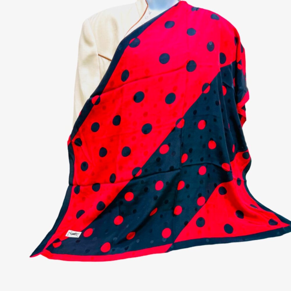 Yves Saint Laurent 100% Silk Satin scarf 33"  black red pocka dots (66 - Picture 7 of 13